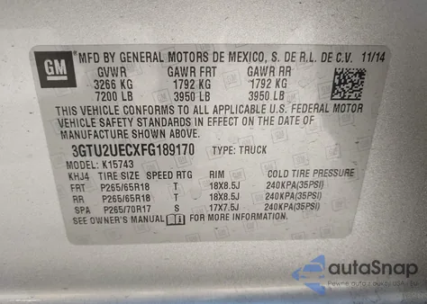 2015 GMC Sierra 1500 Sle from USA, damaged, VIN 3GTU2UECXFG189170